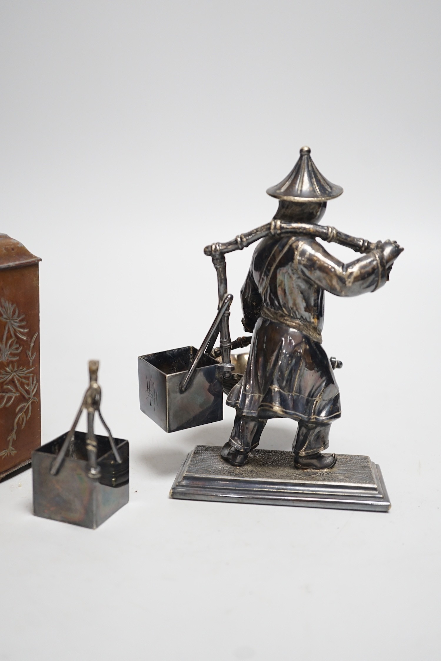 A Chinese pewter tea caddy and a Victorian plated figure of a Chinese basket seller, 16cm